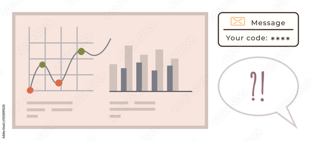 Poster line graph, bar chart on panel, secured code message, user speech bubble with confusion marks. ideal