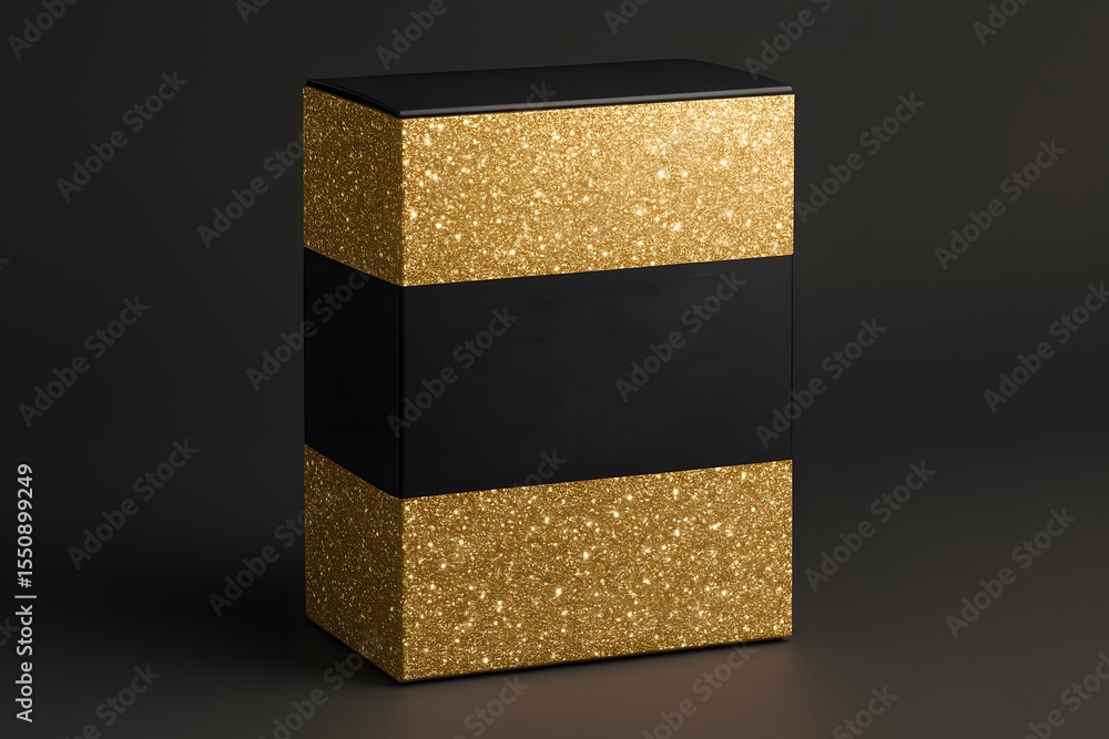 Poster a rectangular box features a sleek black central band flanked by gold glittered sections on the top 