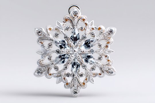 Close up of a decorative silver snowflake ornament with clear gemstones set in it on transparent background - Powered by Adobe