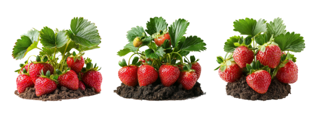 Fresh Strawberries on Soil with Green Leaves in Natural Background Setting