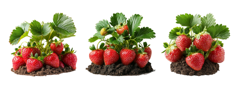 Fresh Strawberries on Soil with Green Leaves in Natural Background Setting