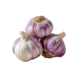 Three heads of garlic, purplish-pink hues, stacked