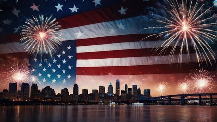 American flag with fireworks over city skyline reflecting in water on independence day celebration