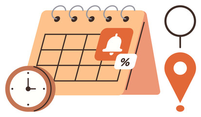 Calendar with bell icon for notification, clock suggesting time, and pin for location tracking. Ideal for schedule, event planning, deadlines, appointments, reminders, organization simple flat