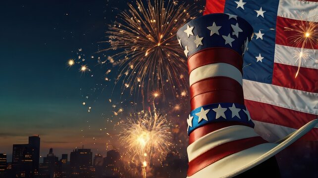 Patriotic celebration with fireworks, american flag and uncle sam hat over city skyline view