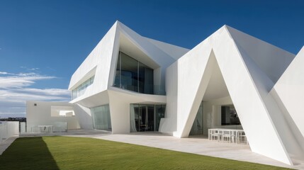 Fototapeta premium Architect-designed modern home using brilliant white exterior paint and geometric structure