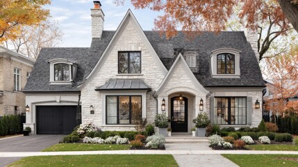 Bright home facade combining white and gray tones to deliver timeless simplicity