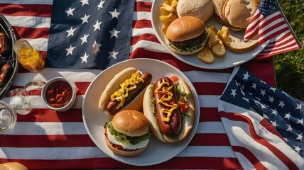 Patriotic picnic featuring hot dogs burgers and american flag for a fourth of july celebration