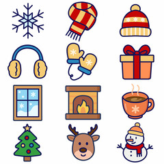 Winter season icon set including scarf, fireplace, window, mittens, hot drink, and other seasonal essentials. Clean flat line style for seasonal use.