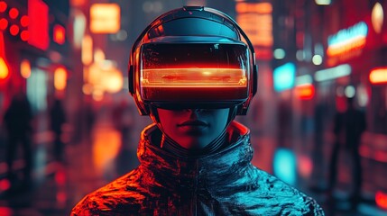 A cyber-enhanced player wearing an AR headset in a futuristic cityscape