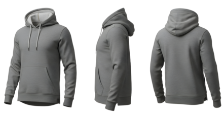 Gray hoodie displayed from multiple angles, showcasing its design and texture, suitable for fashion and apparel marketing
