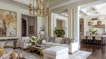Elegant living room using light gray throw pillows and white upholstery to keep the space fresh