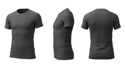 Gray t-shirt displayed from multiple angles on a transparent background, ideal for online clothing retail
