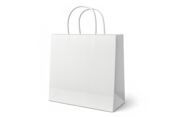 White shopping bag featuring rope handles, positioned against transparent background, perfect for displaying brand mockups