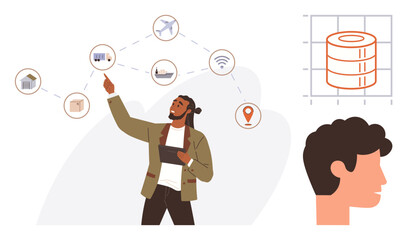 Person with tablet explaining interconnected icons thumbs up plane, containers, wireless, and location. Head profile, graph, ideal for technology, logistics, data insights innovation education