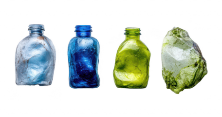Four crumpled plastic bottles, different colors