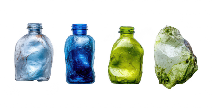 Four crumpled plastic bottles, different colors