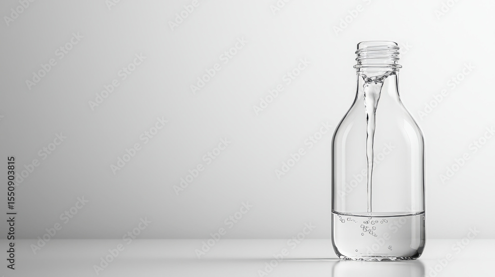 Aufkleber Clear glass bottle is being filled with liquid, creating minimalist and serene composition. background is soft gradient, enhancing focus on bottle and liquid movement