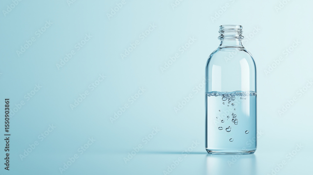 Aufkleber Clear glass bottle filled halfway with water stands against light blue background, creating minimalist and refreshing visual. bubbles in water add dynamic touch