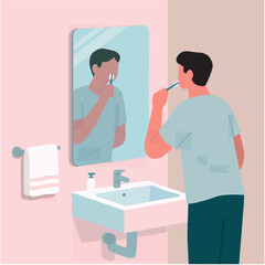 Flat Illustration of Man Looking at Mirror for Skincare Routine