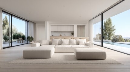 Fototapeta premium Open home layout using white tones for seamless integration of spaces and natural flow