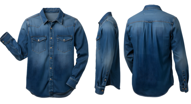Stylish blue denim shirt showcasing various angles, ideal for casual wear, with a clean background emphasizing the fabric - Powered by Adobe