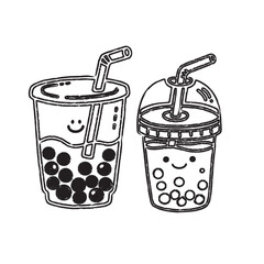 Cute Boba Tea Doodle with Two Cups and Tapioca Pearls