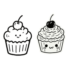 Cute Cupcake Doodle Line Art with Cherry on Top