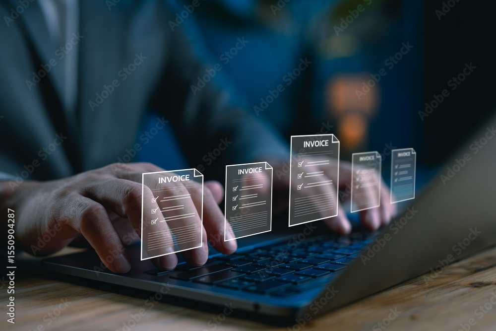 Fototapete Automated digital invoicing system concept showing hands typing on a laptop with multiple invoice icons. Ideal for accounting software, e-invoice platforms and finance automation tools.