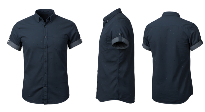Stylish navy blue short-sleeve shirt displayed from multiple angles, showcasing fabric texture and button details