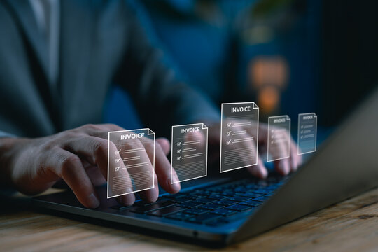 Automated digital invoicing system concept showing hands typing on a laptop with multiple invoice icons. Ideal for accounting software, e-invoice platforms and finance automation tools.
