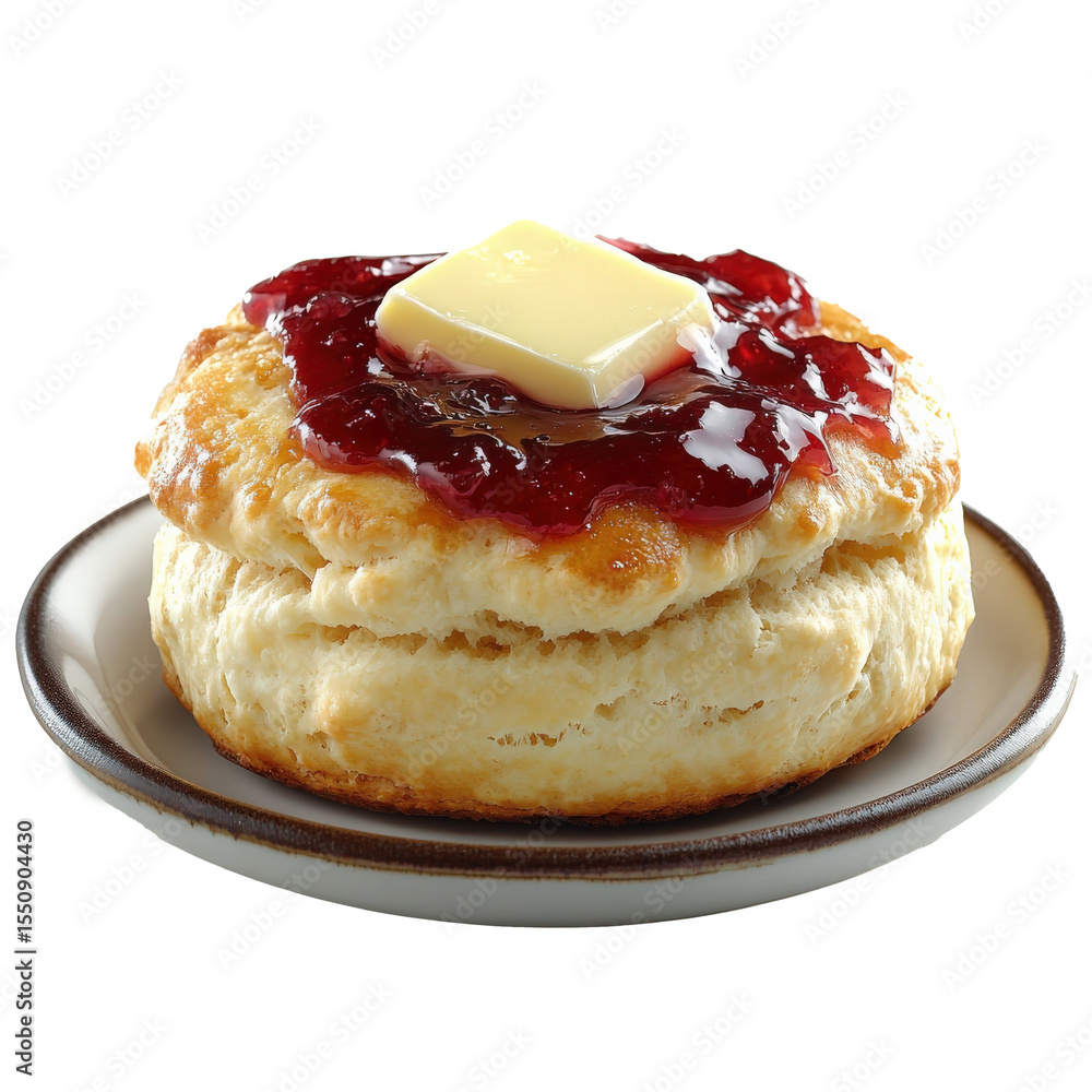 Poster freshly baked scone topped with vibrant red jam and pat of butter on small plate, creating delicious