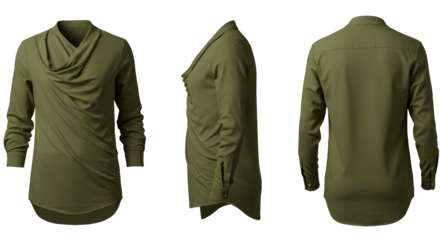 Stylish olive green long-sleeve shirt with draped design showcased from multiple angles against a neutral background