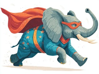 Obraz premium A superhero elephant in flight, wearing a cape and mask.