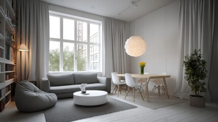 Fototapeta premium Sophisticated modern interior using gray sofa and white walls in perfect minimalist harmony