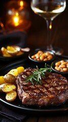 Grilled Steak with Rosemary, Potatoes, Beans, and White Wine in a Dark Setting