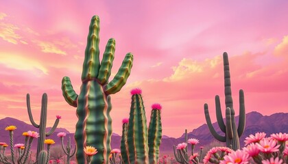 Whimsical pastel gouache cacti & flowers against a pink & orange desert sky, ceiling-inspired , background, floral