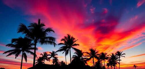 Vibrant Waikiki sunset, palm trees silhouetted against fiery sky,  clouds,  Hawaiian Islands