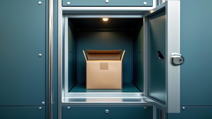 Consumer Spending Trends, a single kraft box glowing inside an ajar autonomous grocery pickup locker with a polished metal frame, highlighting modern convenience.