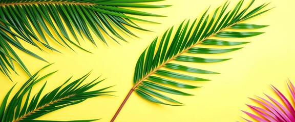 Obraz premium Vibrant tropical palm leaves flat lay on bright background, minimal summer fashion concept, minimal, bright colors