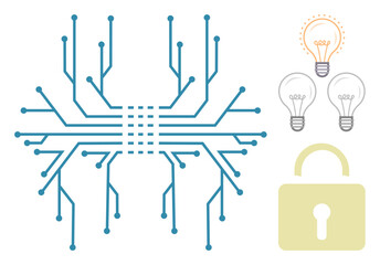 Circuit board connections branching from a central point with lightbulbs symbolizing ideas and a padlock for security. Ideal for technology, innovation, cybersecurity, safety, creativity, systems