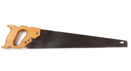 Wooden handle hand saw against white background