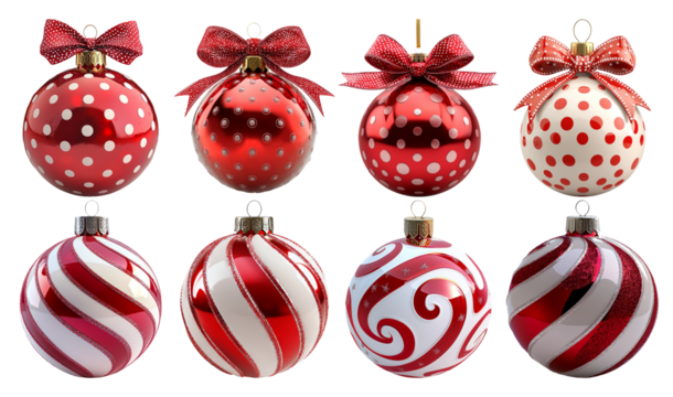 Festive Red and White Christmas Ornaments with Bows and Patterns - Powered by Adobe