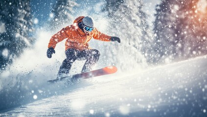 Naklejka premium Snowboarder carving down a snowy mountain slope