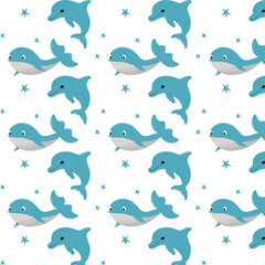 Pattern with a whale and a dolphin on a white background