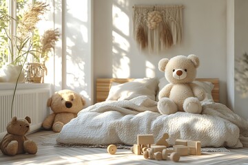 Cozy Kids Bedroom with Teddy Bear and Wooden Toys

