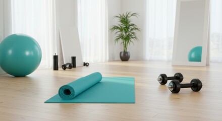 Home Fitness Setup: Teal Yoga Mat, Dumbbells, and Exercise Ball in a Bright Room