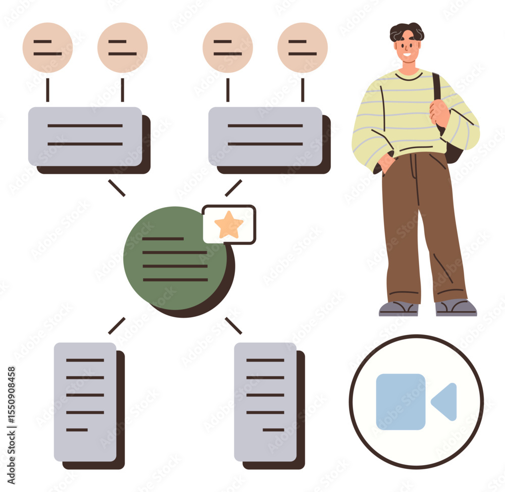 Poster person with shoulder bag standing beside a visual representation of interconnected data nodes and vi