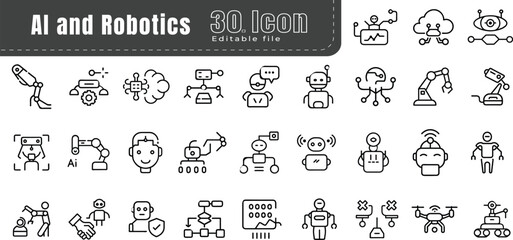 Artificial intelligence line icon set. Pixel Perfect Outline Symbol.  neural networks, robotics, and cloud computing illustrations.