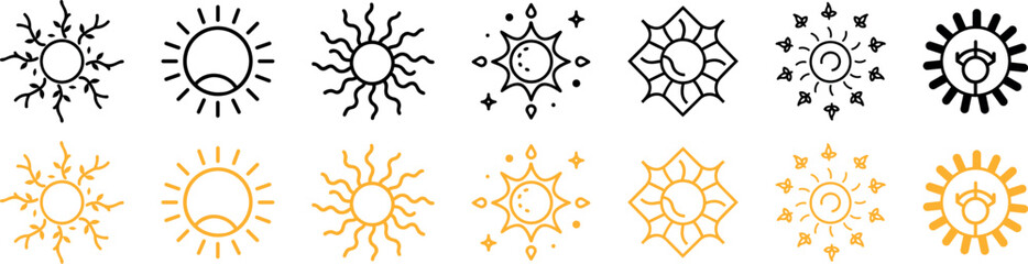 Hand-Drawn Outline Sun Icons Set – Summer Sunshine and Sunrise Symbols